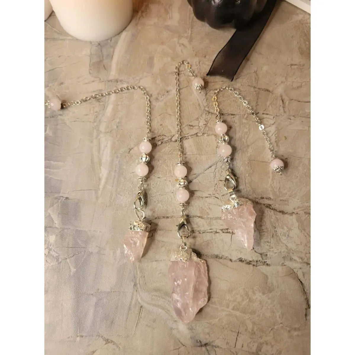 Natural Raw Rose Quartz, Amethyst Quartz Dowsing Pendulum