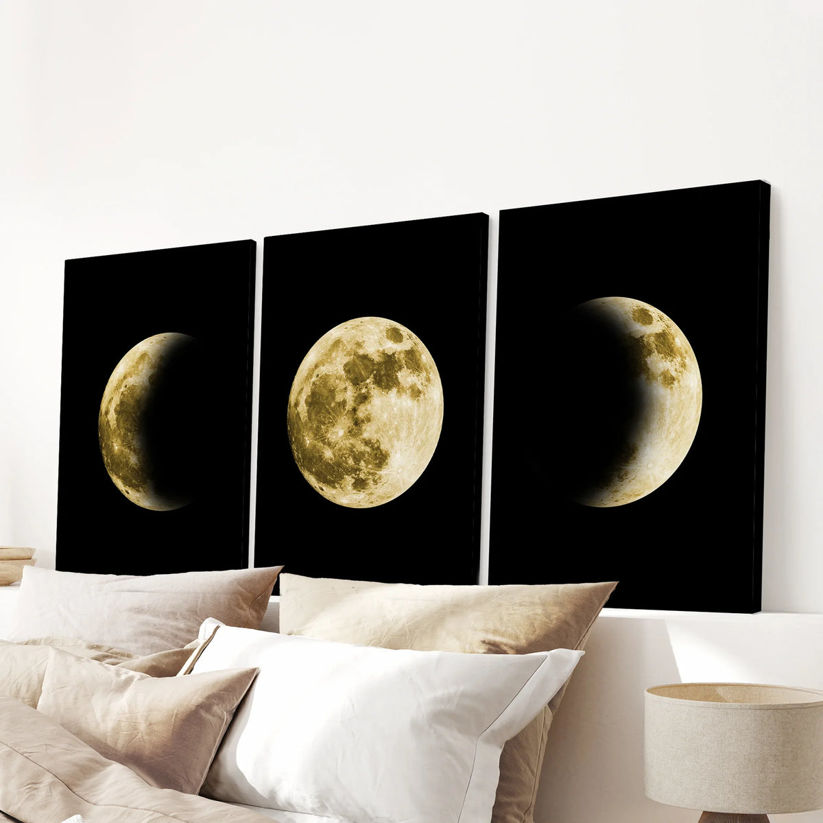 Celestial Moon 3 Piece Wall Decor. Gold Full Moon, Phases